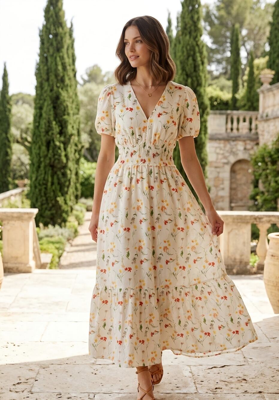 Saks Fifth Avenue Wildflower 100% Linen Maxi Dress Size S Smocked Waist
